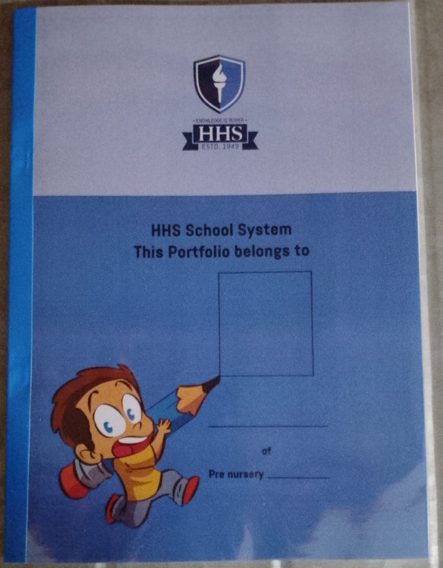 Blue portfolio with HHS School System logo and cartoon character on a gray background